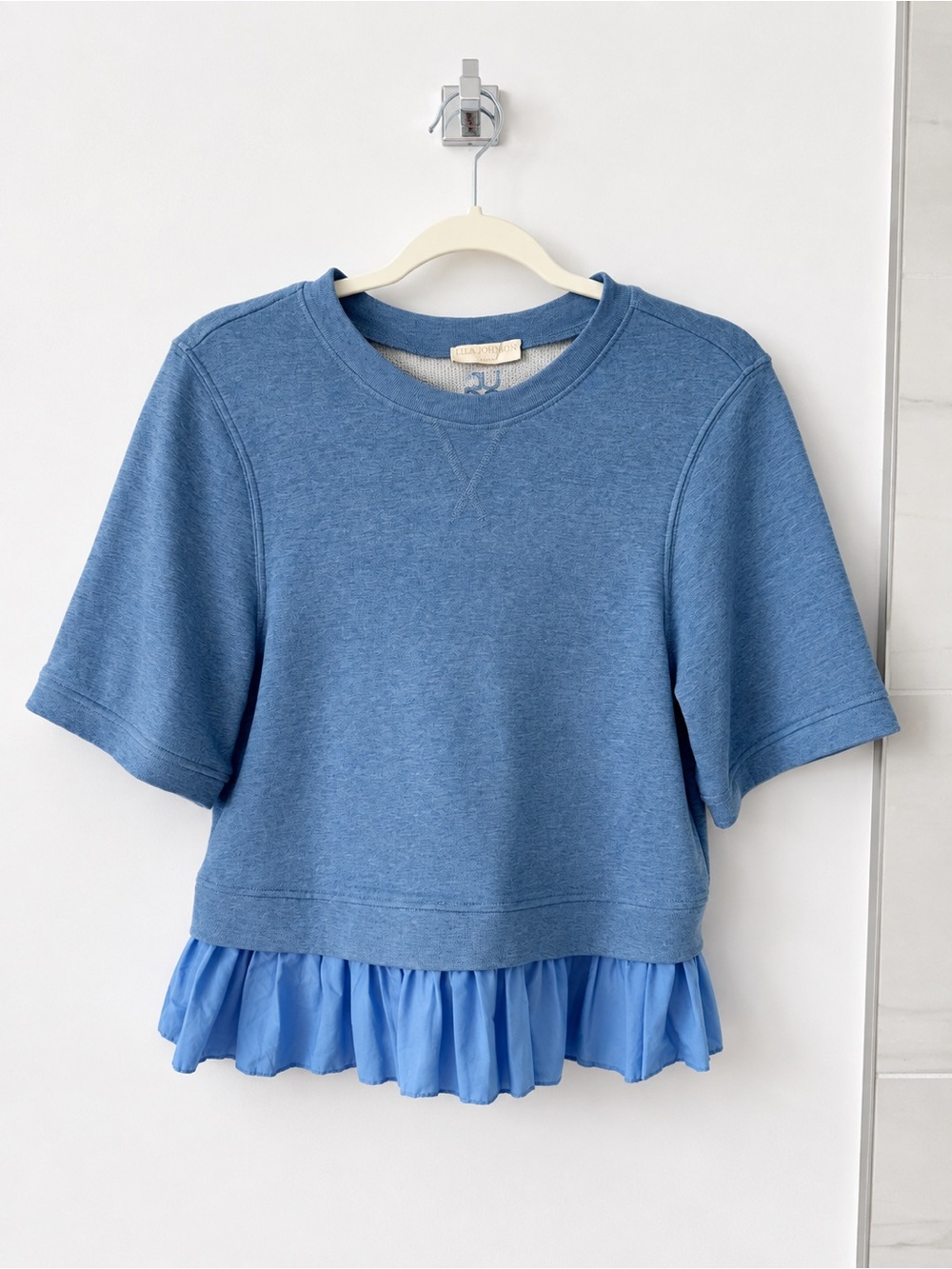 Ulla Johnson Blue Cropped Sweatshirt Poplin Ruffle Hem Top